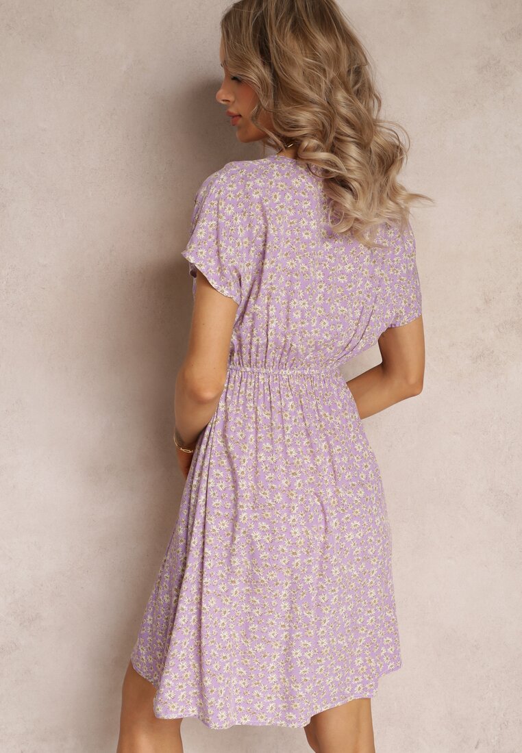 Rochie Violetă Cloș Mini Florală cu Elastic în Talie din Vâscoză Elineano