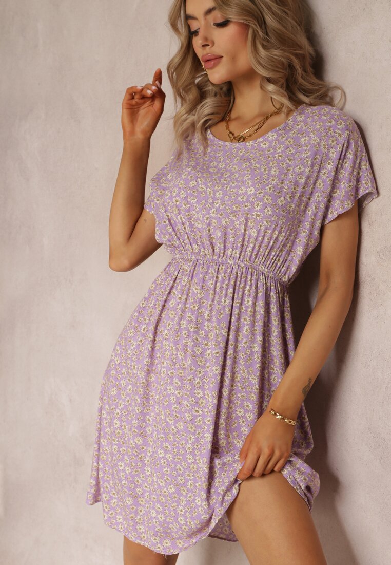 Rochie Violetă Cloș Mini Florală cu Elastic în Talie din Vâscoză Elineano