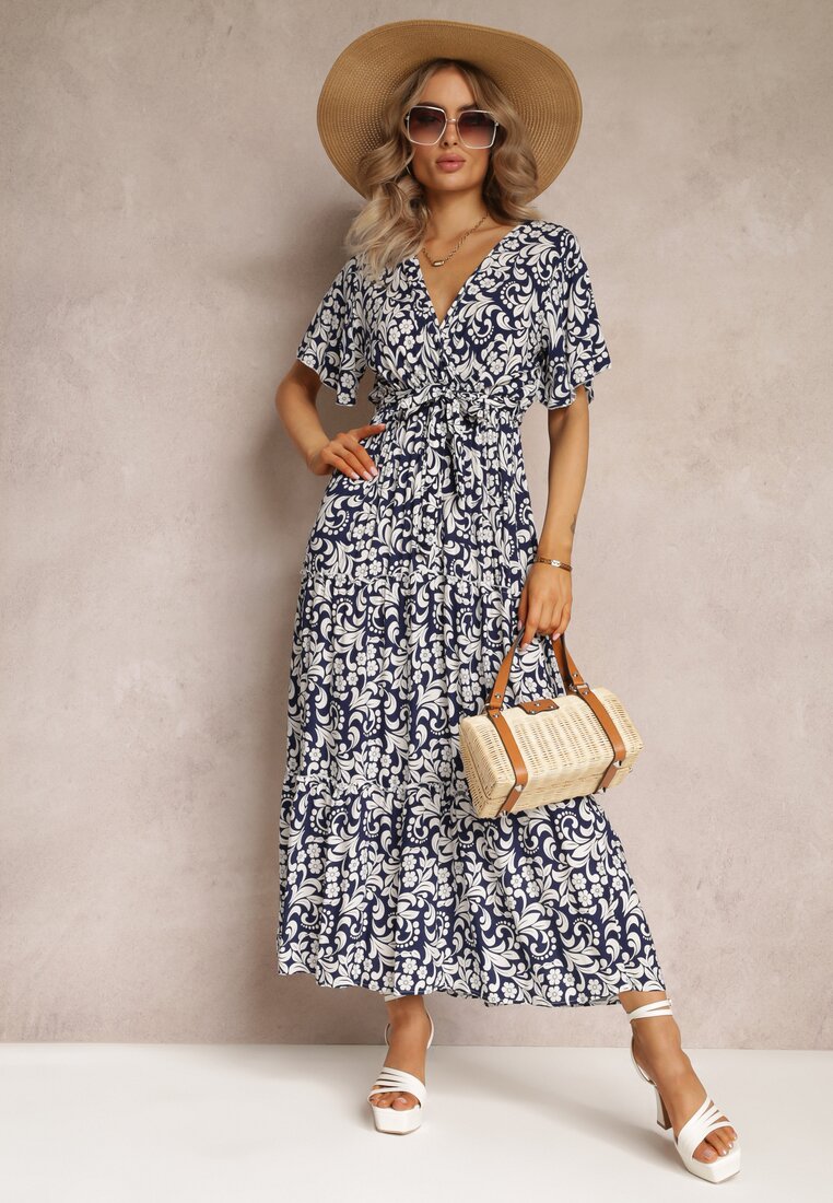 Rochie bleumarin tip plic din viscoză cu volane Evaritte