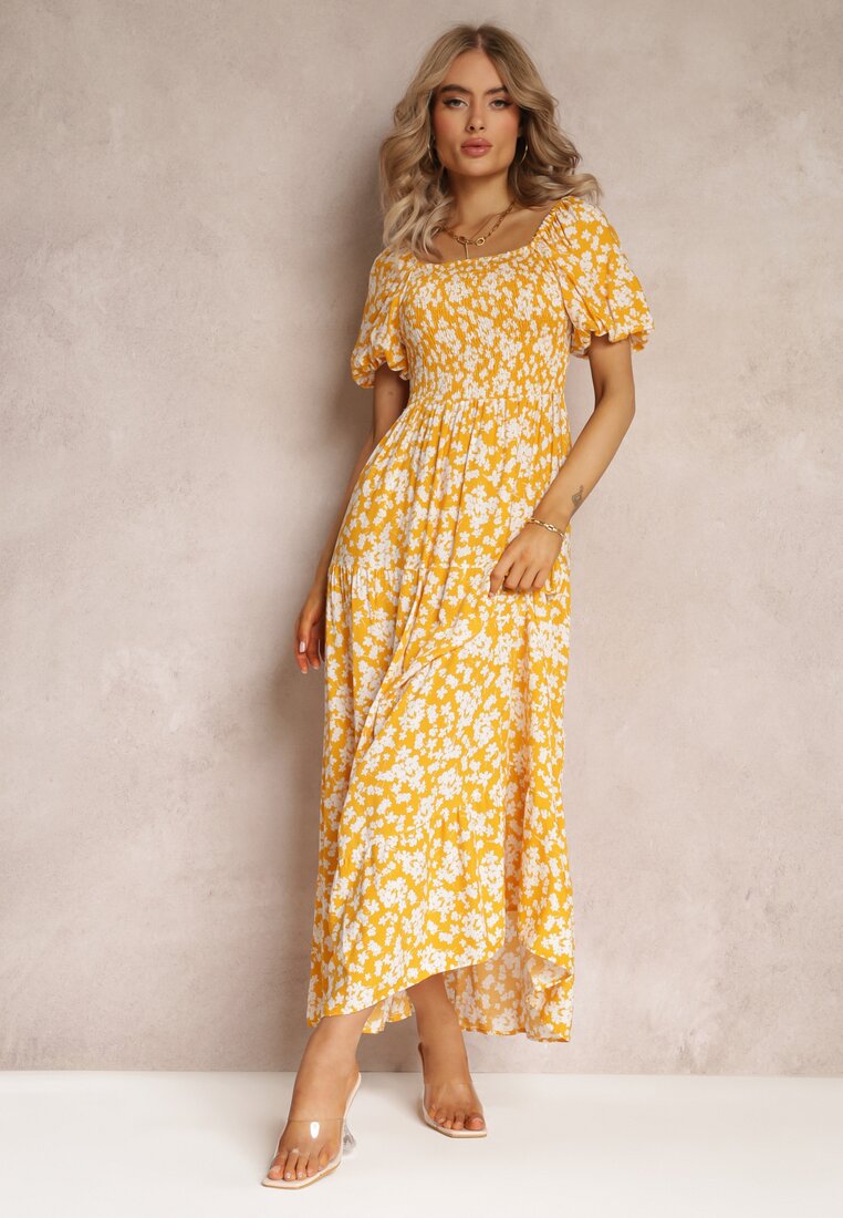 Żółta Trapezowa Sukienka Bawełniana w Kwiaty Cresenia