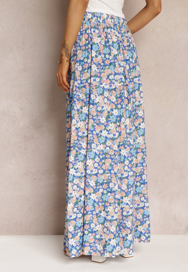 Niebieska Bawełniana Spódnica Maxi z Troczkiem i Printem w Kwiaty Yibji