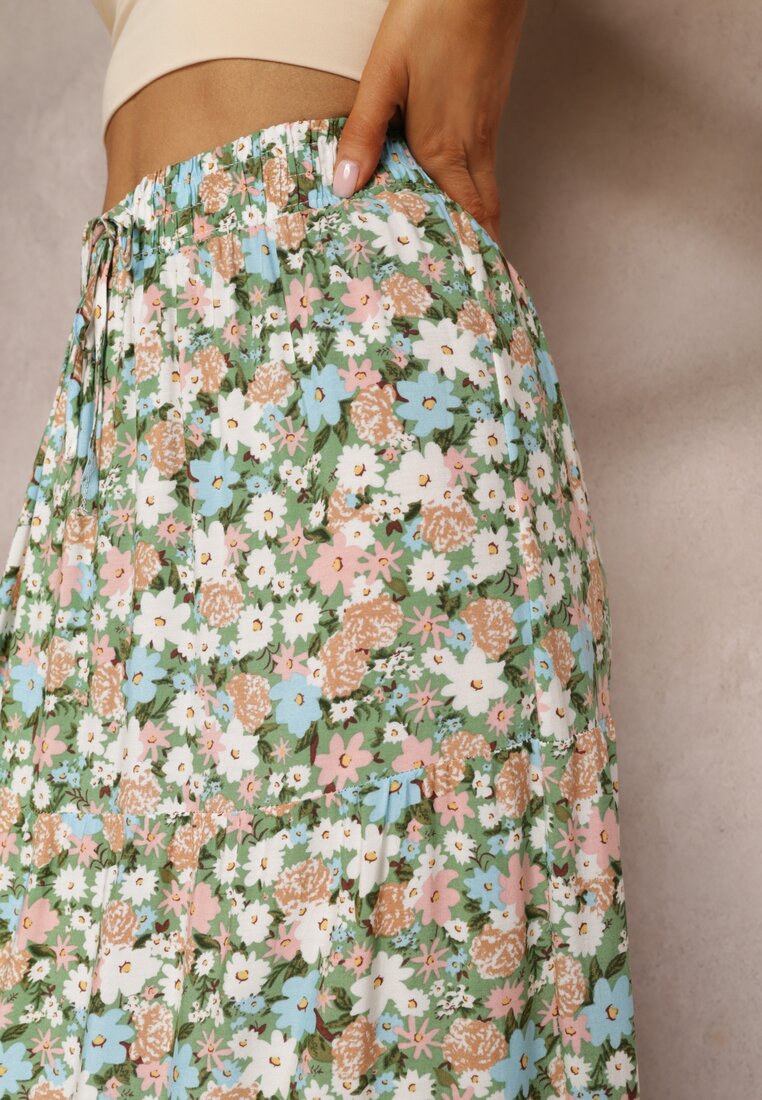 Zielona Bawełniana Spódnica Maxi z Troczkiem i Printem w Kwiaty Yibji