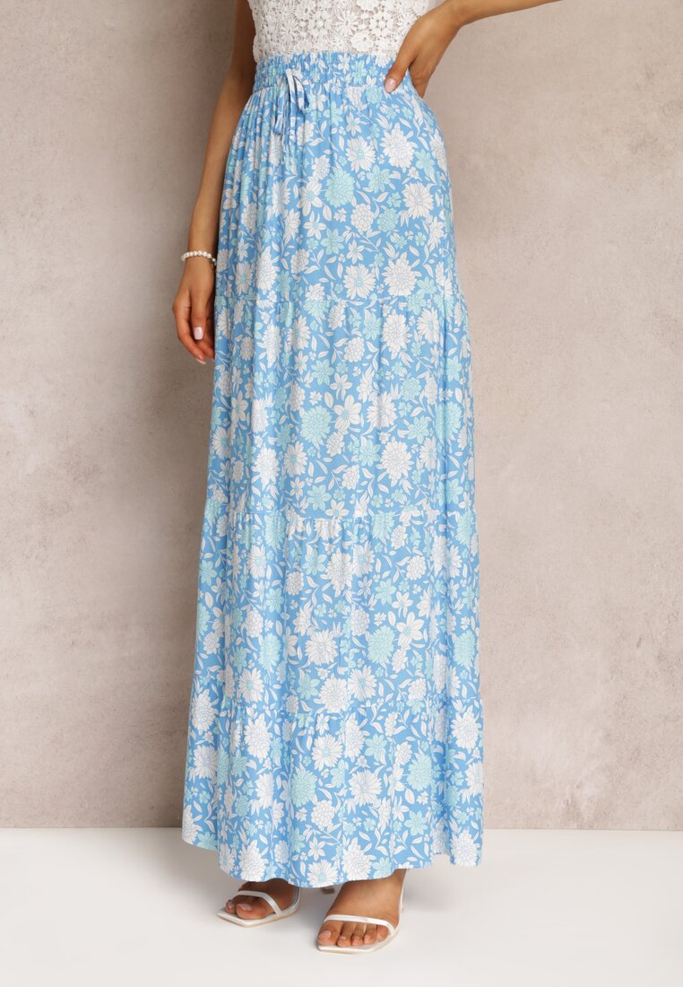 Niebieska Bawełniana Spódnica Maxi w Kwiaty Eile
