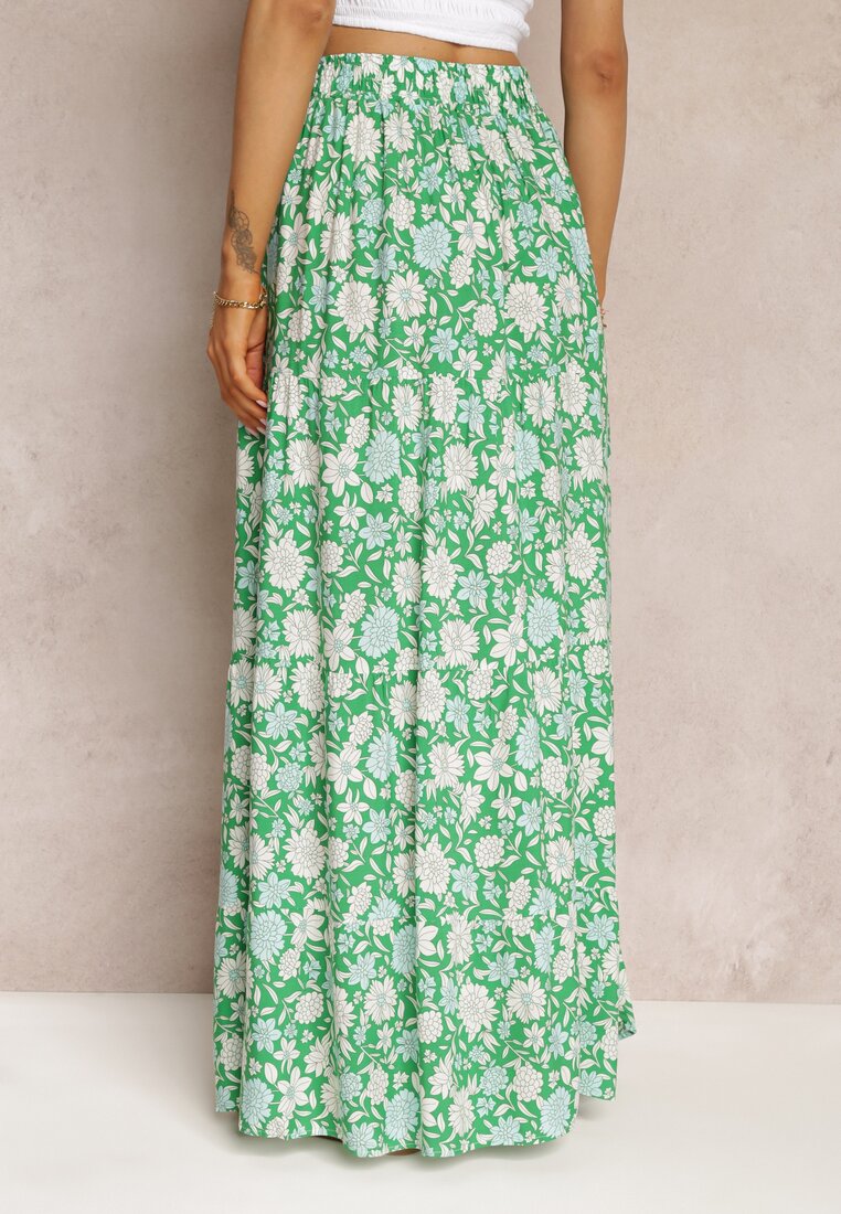 Zielona Bawełniana Spódnica Maxi w Kwiaty Eile