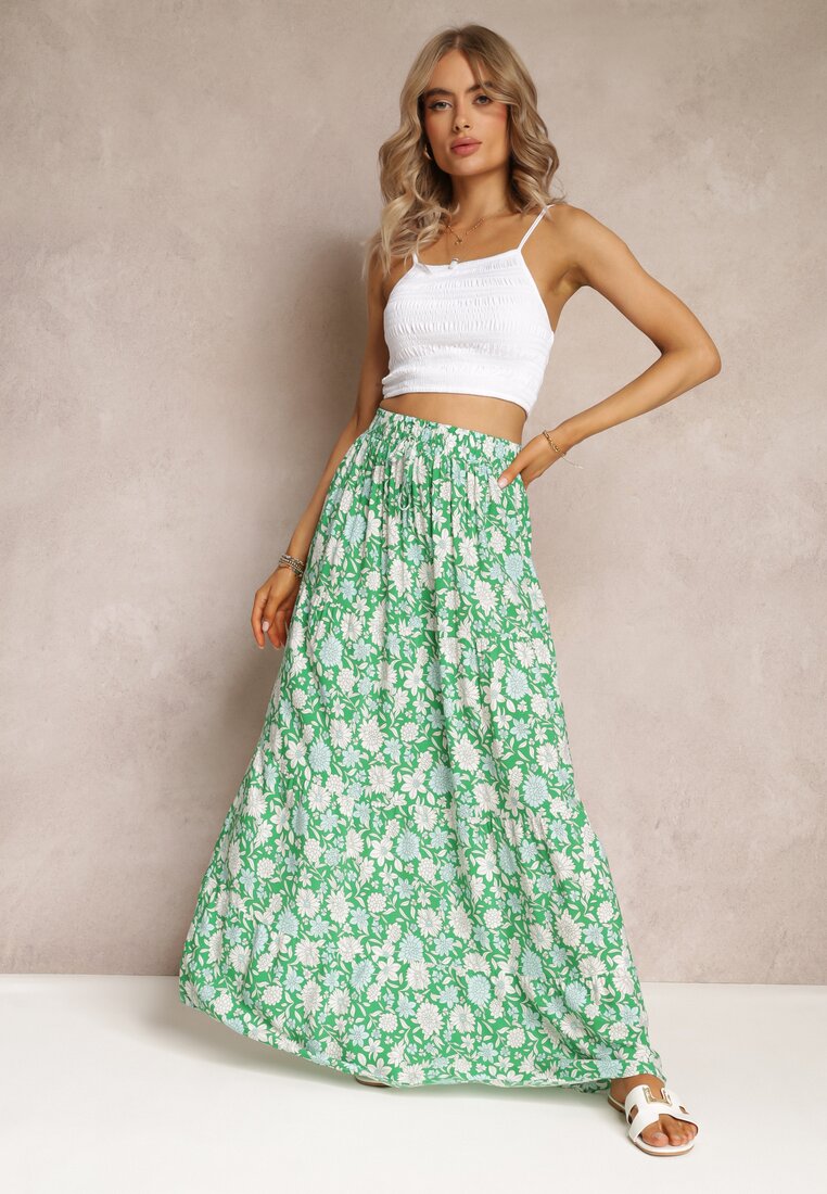 Zielona Bawełniana Spódnica Maxi w Kwiaty Eile