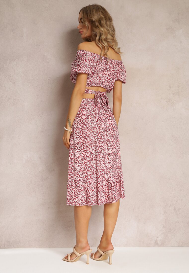 Czerwony Komplet 2 Częściowy w Kwiaty Top i Spódnica Darcione