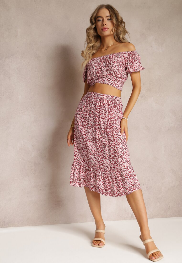 Czerwony Komplet 2 Częściowy w Kwiaty Top i Spódnica Darcione