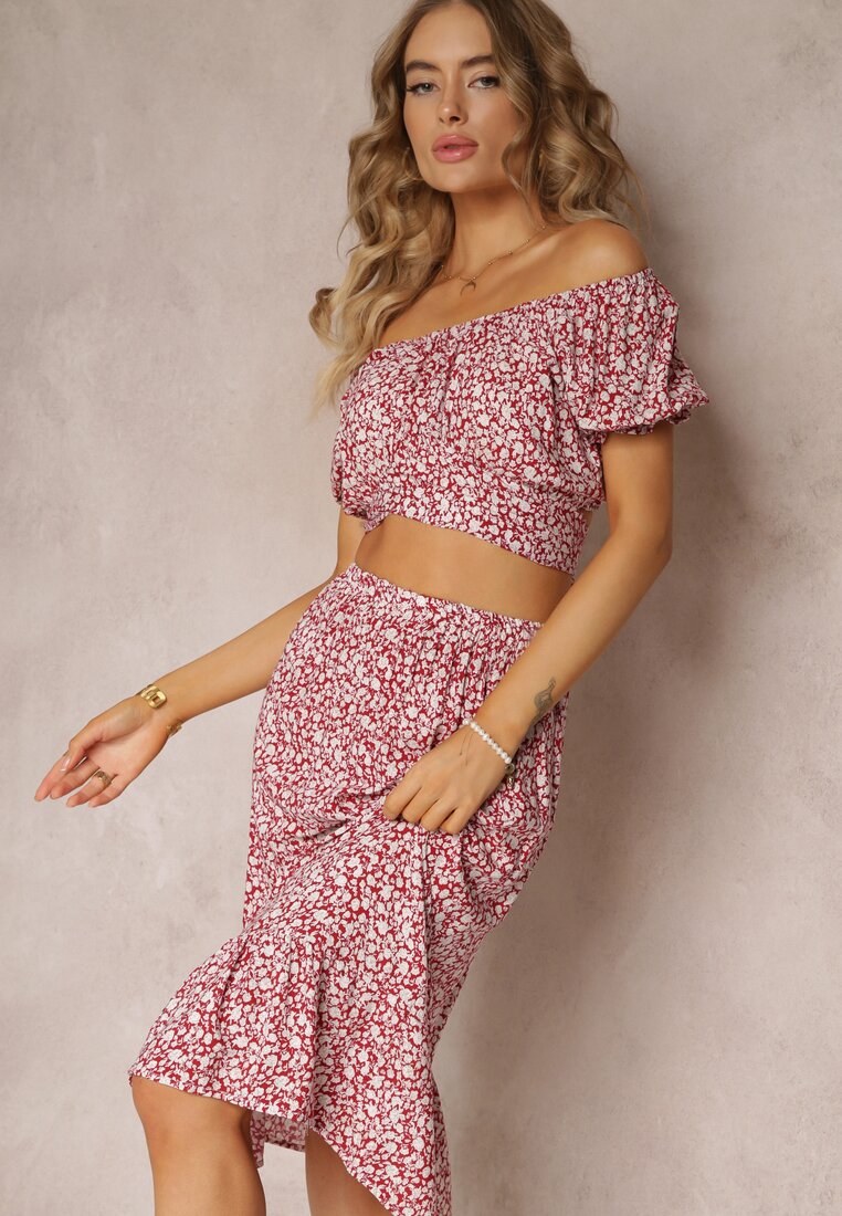 Czerwony Komplet 2 Częściowy w Kwiaty Top i Spódnica Darcione