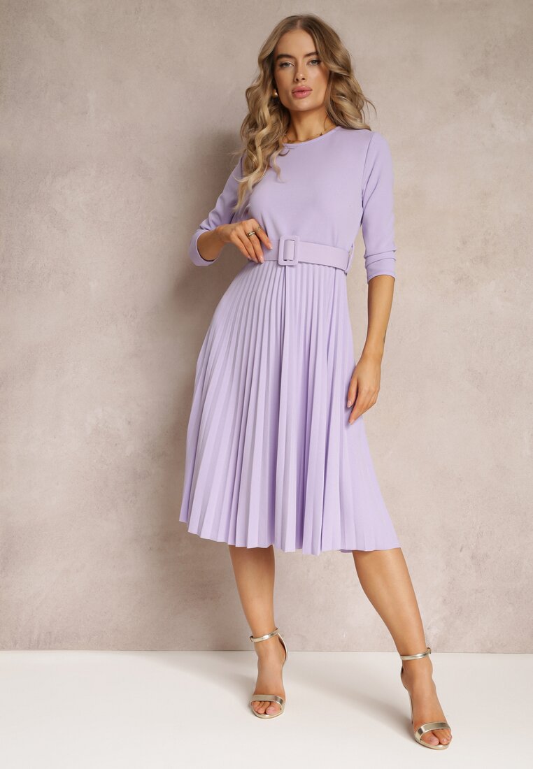 Rochie Violetă Plisată cu Curea Valfe