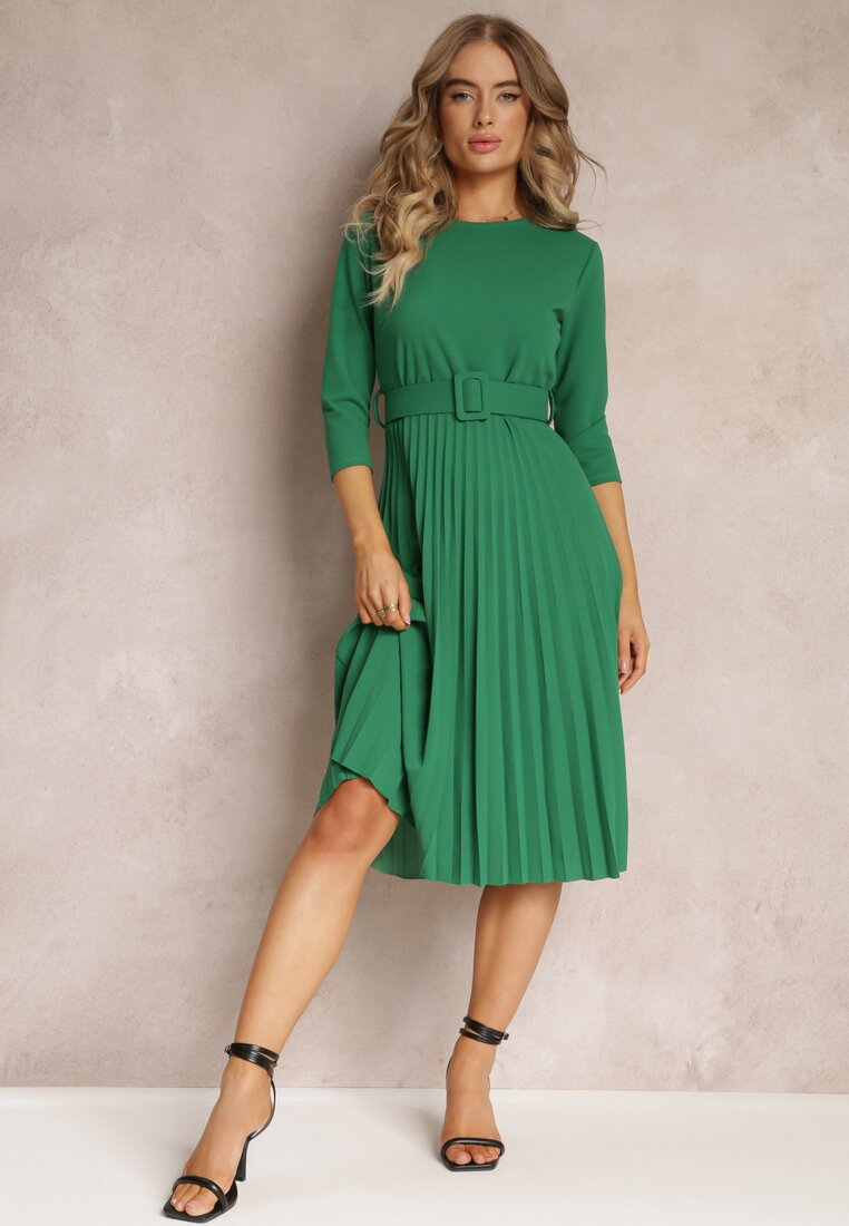 Zielona Sukienka Plisowana z Paskiem Valfe