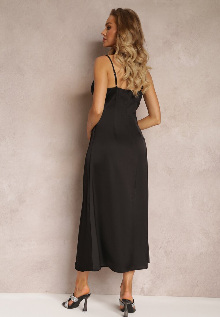 Czarna Taliowana Sukienka Maxi na Cienkich Ramiączkach z Rozcięciem Samiksa