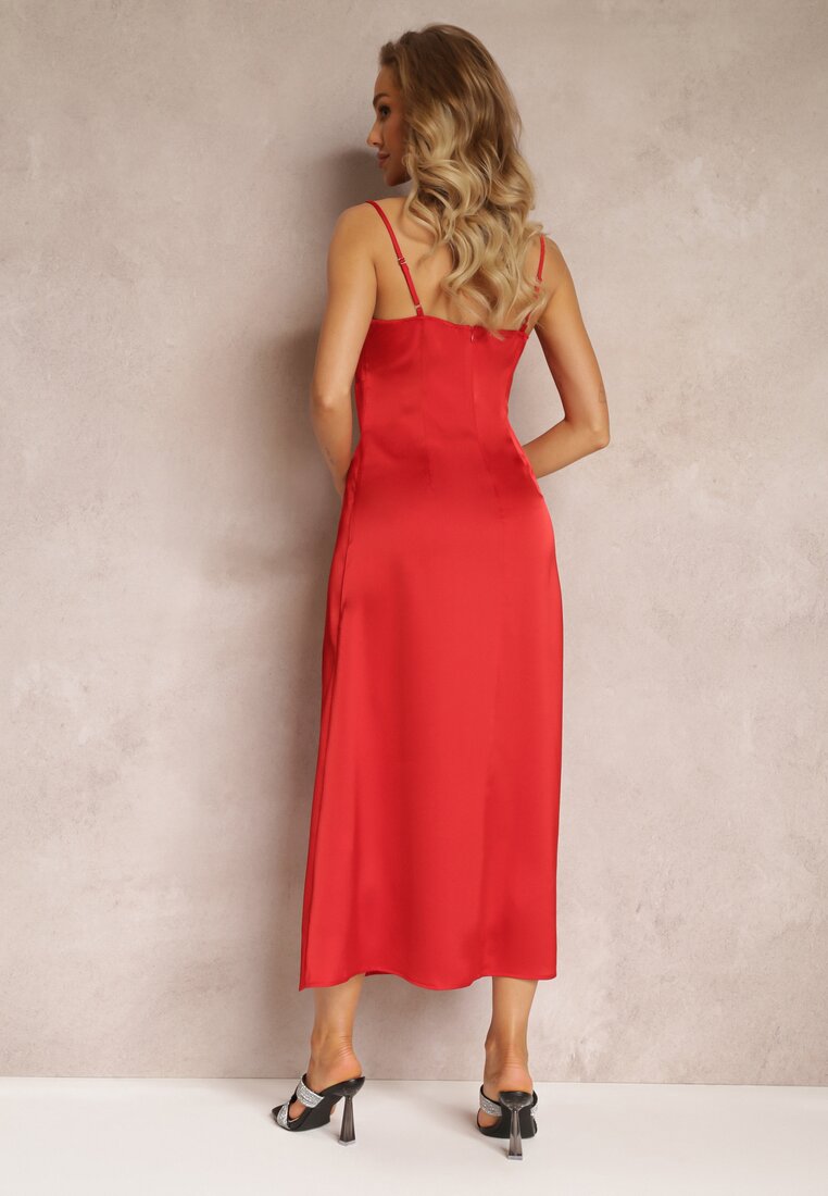 Czerwona Taliowana Sukienka Maxi na Cienkich Ramiączkach z Rozcięciem Samiksa