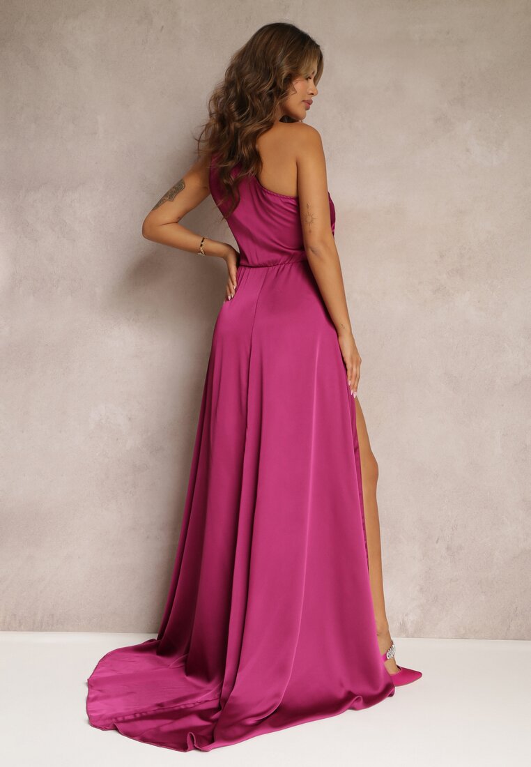Fioletowa Elegancka Sukienka na Jedno Ramię o Asymetrycznym Fasonie Leylane