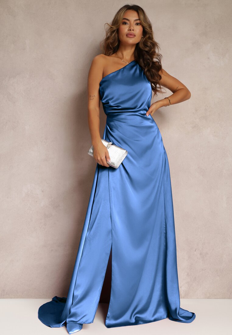 Niebieska Elegancka Sukienka na Jedno Ramię o Asymetrycznym Fasonie Leylane