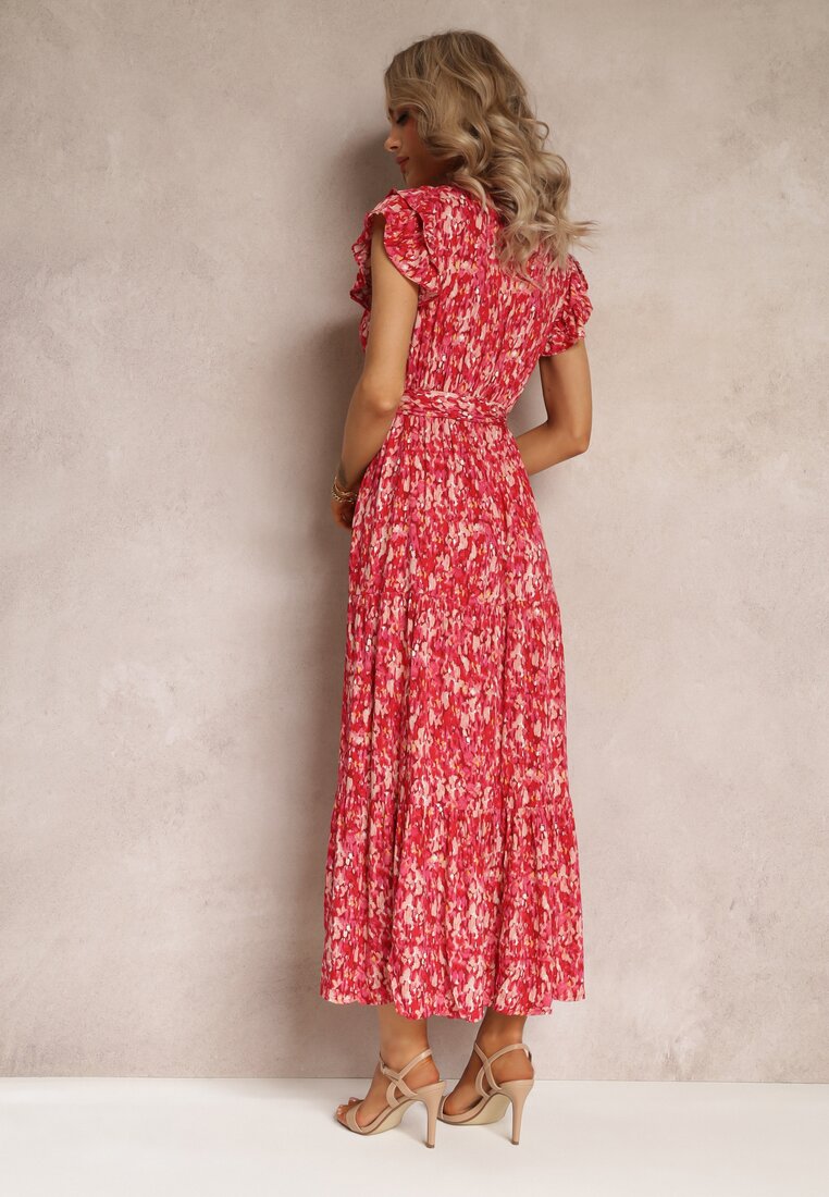 Czerwona Rozkloszowana Sukienka z Gumką w Talii i Falbanką Samat