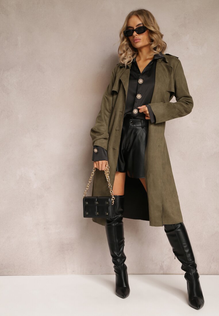 Palton Verde Inchis cu Curea din Material cu Nasturi și Buzunare Elemina