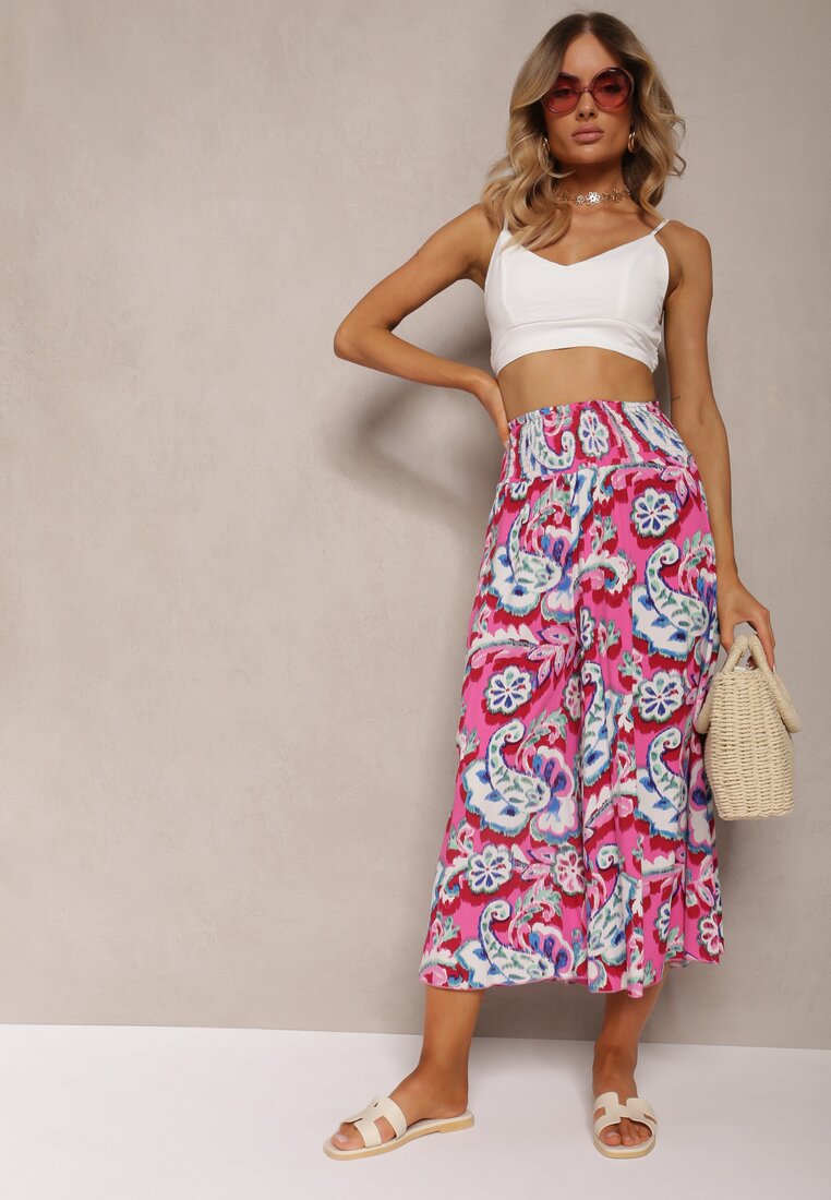 Pantaloni Largi Roz-Albastru din Viscoză cu Model Ornamental Ulionea
