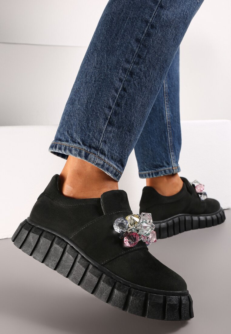 Czarne Płaskie Sneakersy na Grubej Podeszwie z Kolorowymi Ozdobnymi Kryształkami Blazer