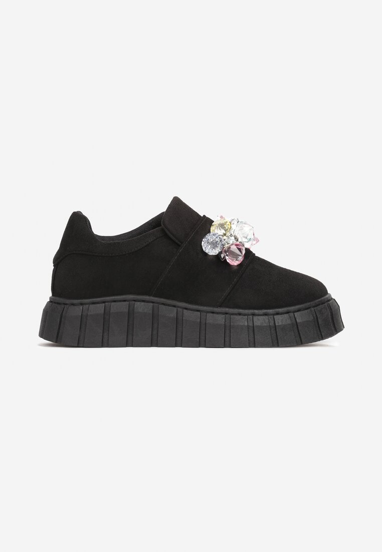 Czarne Płaskie Sneakersy na Grubej Podeszwie z Kolorowymi Ozdobnymi Kryształkami Blazer