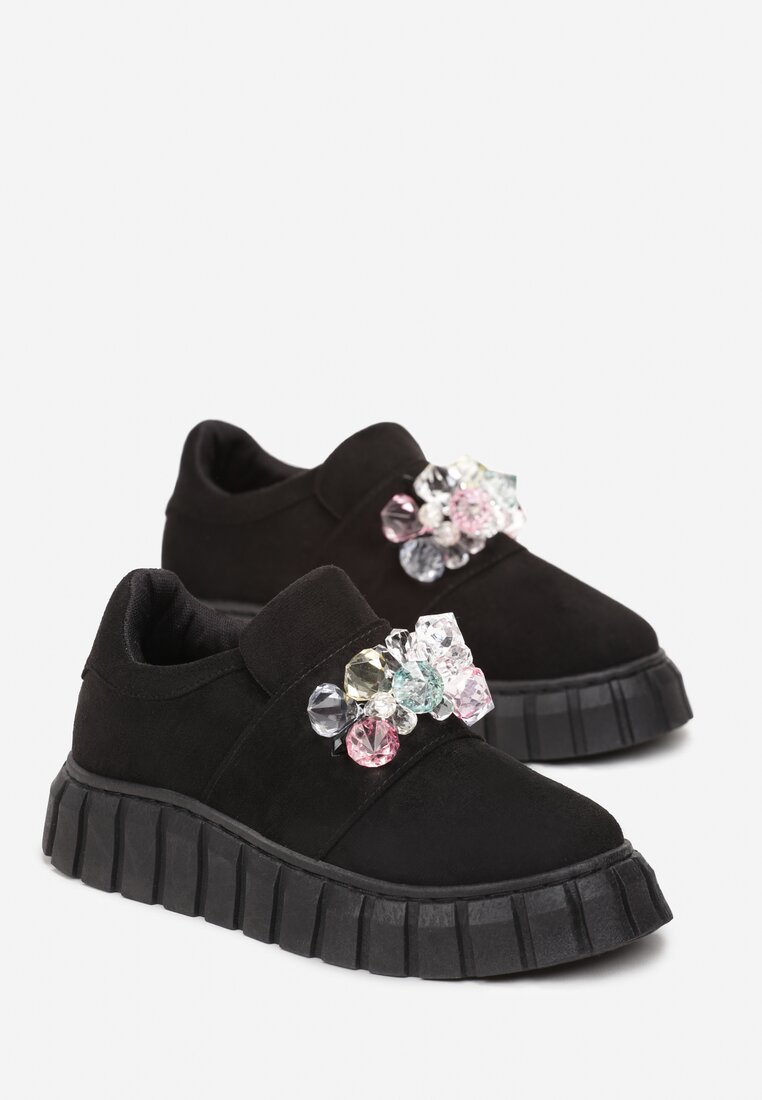 Czarne Płaskie Sneakersy na Grubej Podeszwie z Kolorowymi Ozdobnymi Kryształkami Blazer