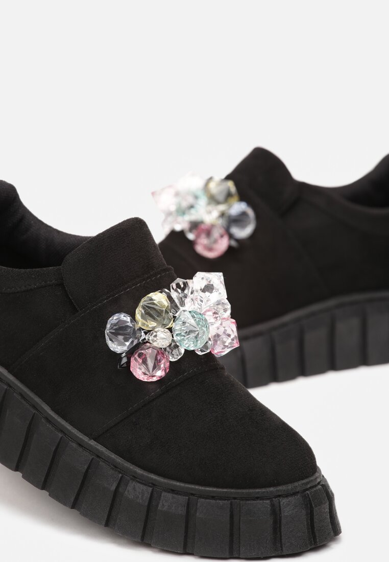 Czarne Płaskie Sneakersy na Grubej Podeszwie z Kolorowymi Ozdobnymi Kryształkami Blazer
