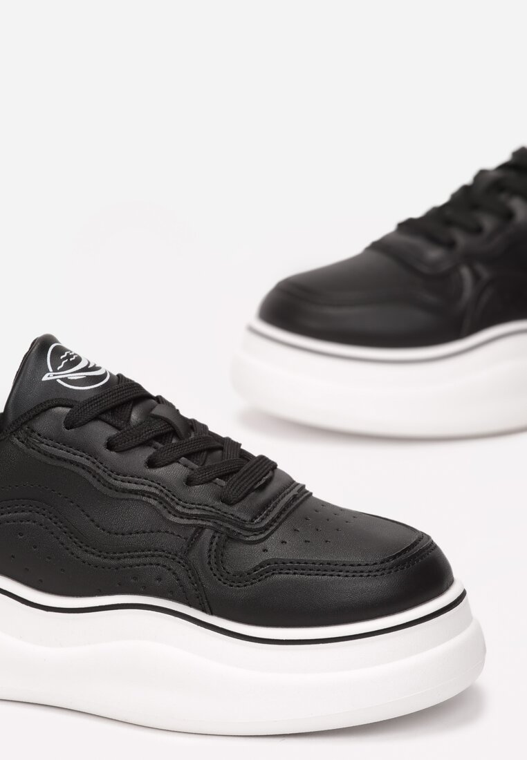 Sneakerși Negri cu Șireturi pe Talpă Groasă Plată Olymelia