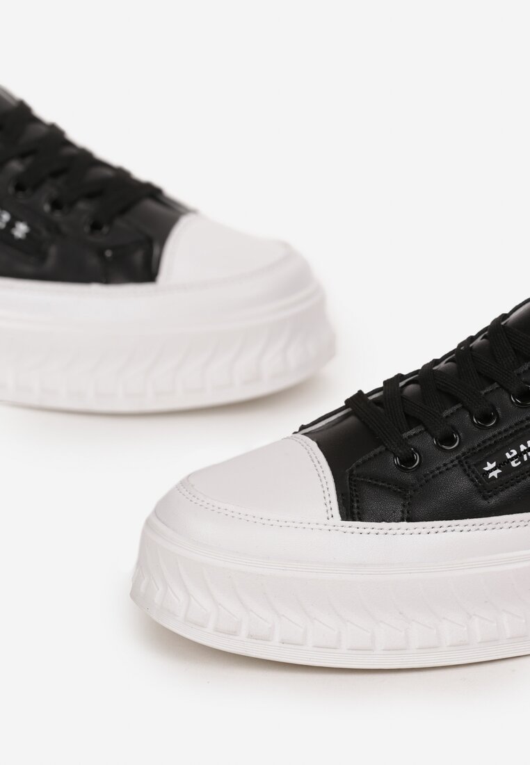 Czarno-Białe Buty Sportowe Sneakersy na Żłobionej Platformie ze Skórzaną Wkładką Oilitana