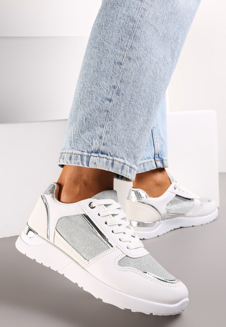 Białe Płaskie Sneakersy Sznurowane z Brokatowymi Wstawkami Raflia