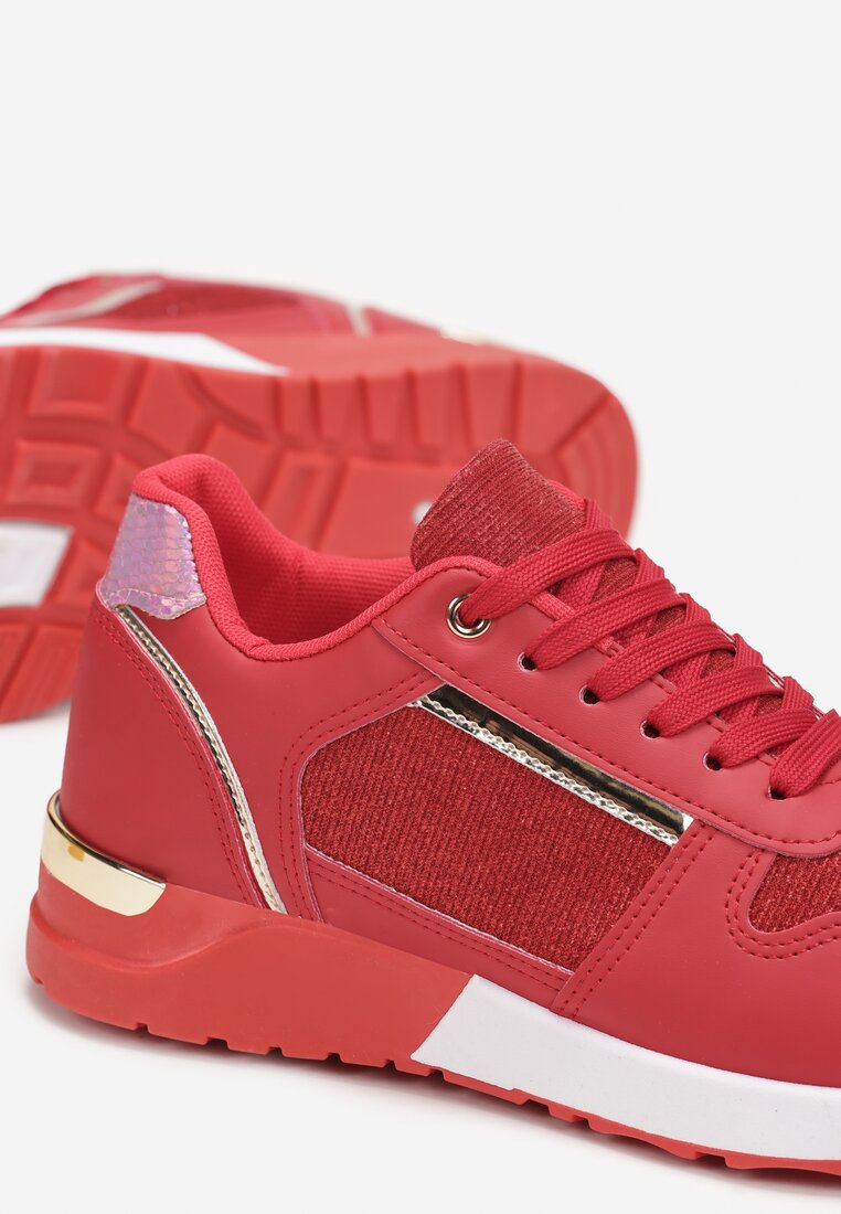 Czerwone Płaskie Sneakersy Sznurowane z Brokatowymi Wstawkami Raflia