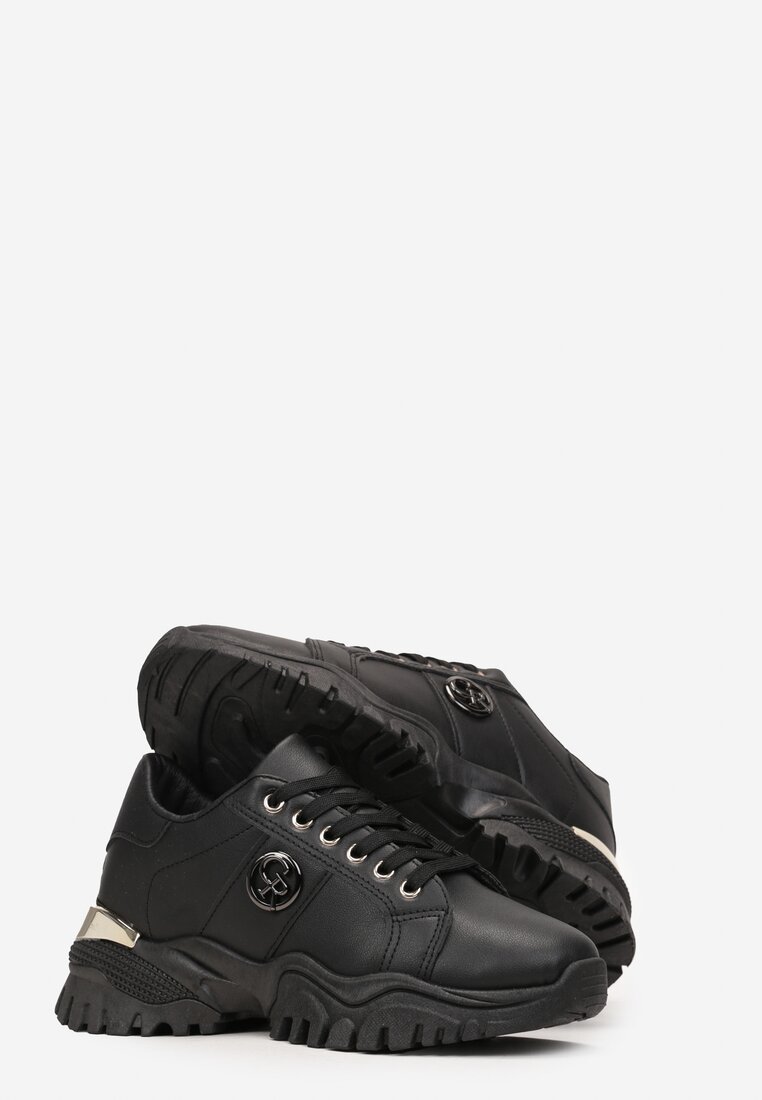 Czarne Sneakersy przed Kostkę z Metalicznym Zdobieniem na Grubej Podeszwie Umsine