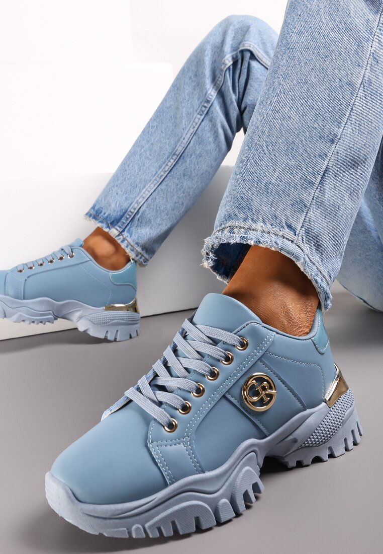 Niebieskie Sneakersy przed Kostkę z Metalicznym Zdobieniem na Grubej Podeszwie Umsine