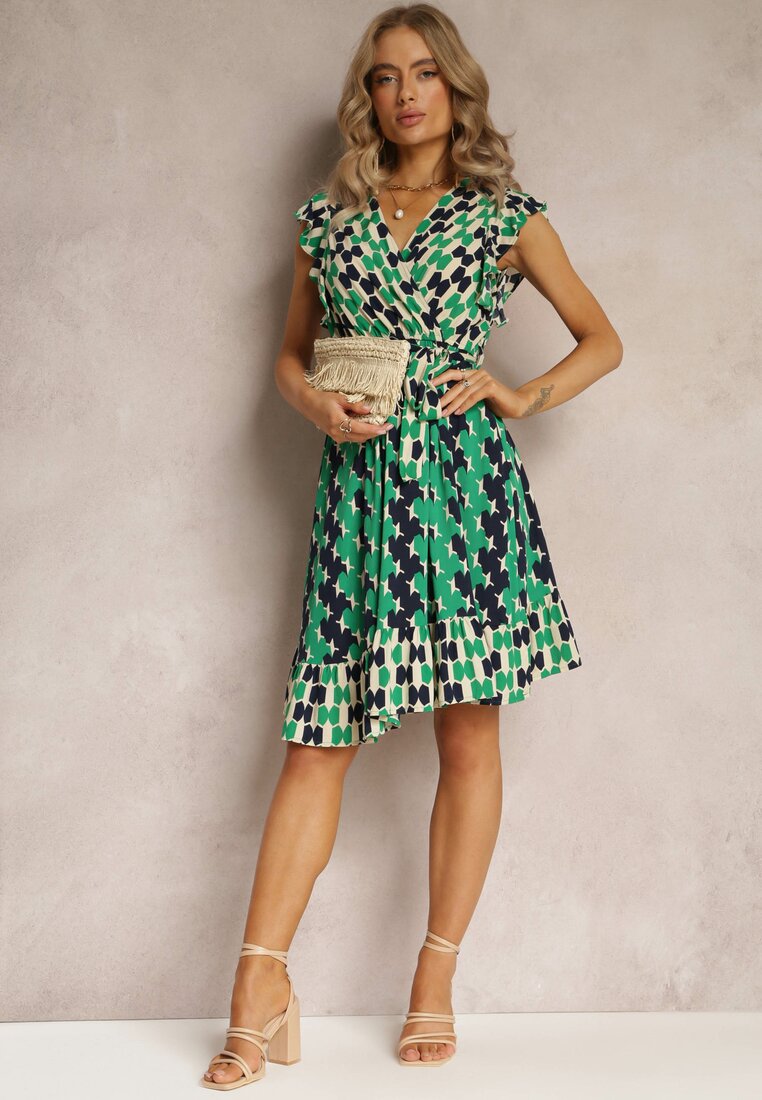 Rochie Midi Verde Cloș cu Model Geometric și Volane Airon