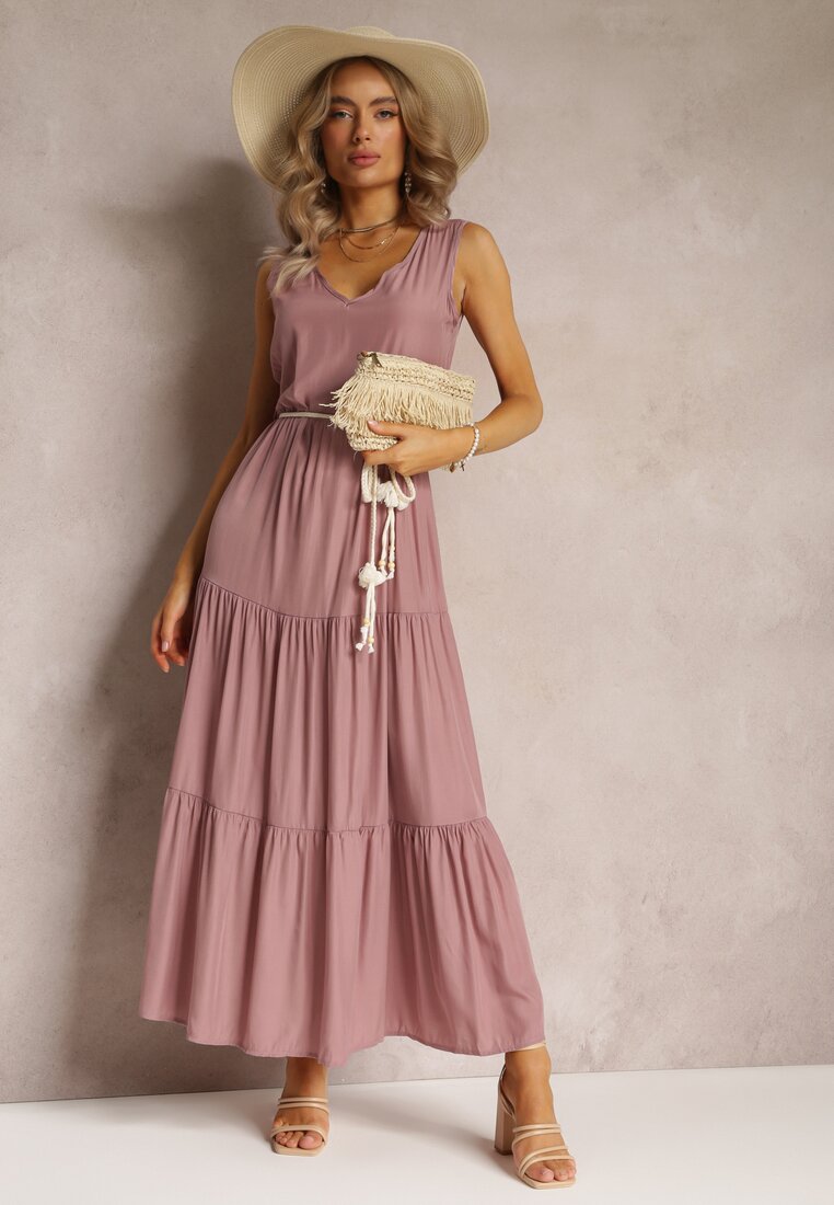 Różowa Sukienka Maxi o Rozkloszowanym Fasonie z Ozdobnym Sznurkiem i Trójkątnym Dekoltem Zornitsa