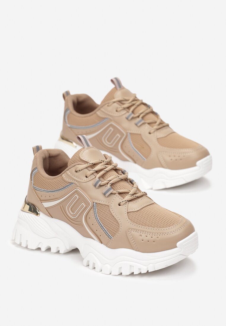 Sneakers Bej Închis cu Talpă Groasă Inserții Colorate și Ornament Metalic Paussa