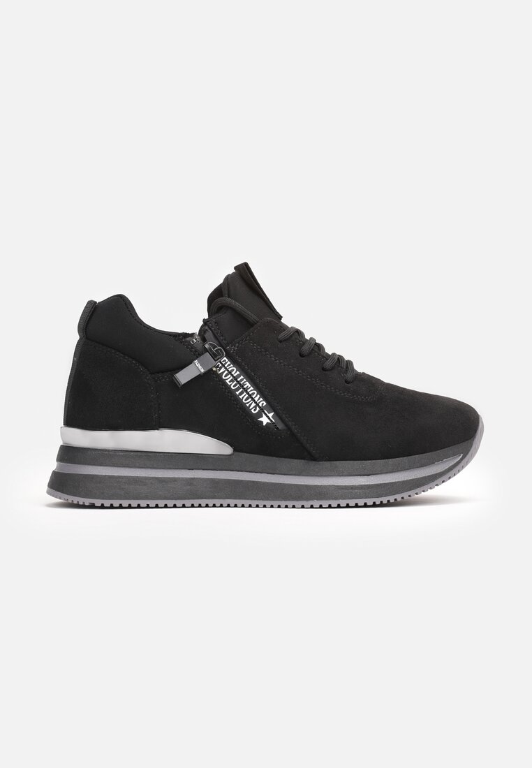 Sneakerși Negri Înnodați cu Fermoar și Inserție Metalică pe Talpă Joasă Foleen