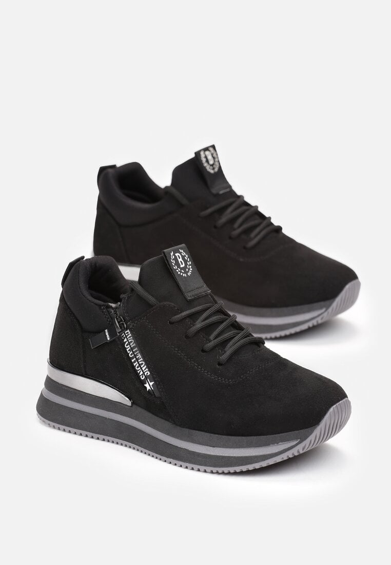 Sneakerși Negri Înnodați cu Fermoar și Inserție Metalică pe Talpă Joasă Foleen