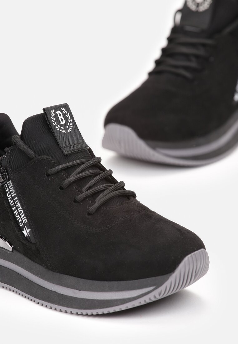 Sneakerși Negri Înnodați cu Fermoar și Inserție Metalică pe Talpă Joasă Foleen