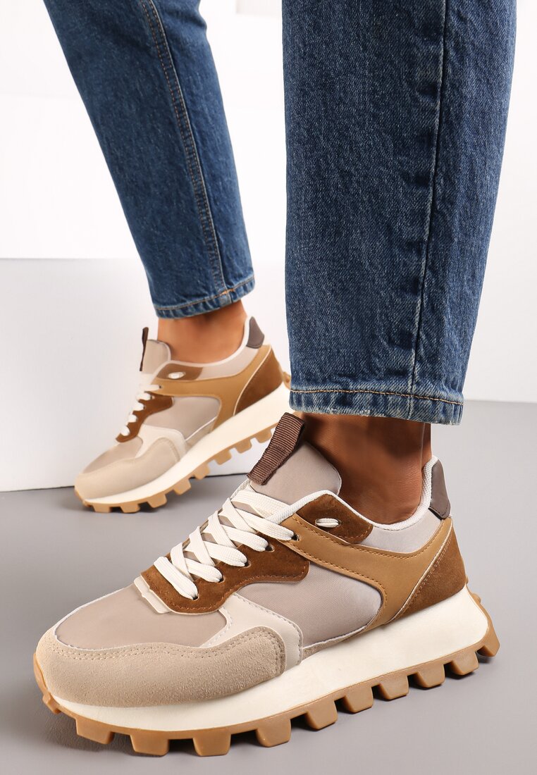 Ciemnobeżowe Sneakersy przed Kostkę na Grubej Podeszwie Erianeh