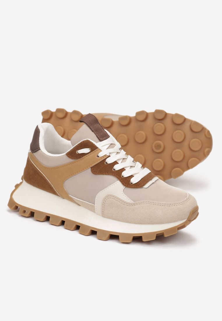 Ciemnobeżowe Sneakersy przed Kostkę na Grubej Podeszwie Erianeh