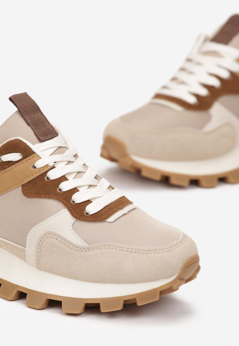 Ciemnobeżowe Sneakersy przed Kostkę na Grubej Podeszwie Erianeh