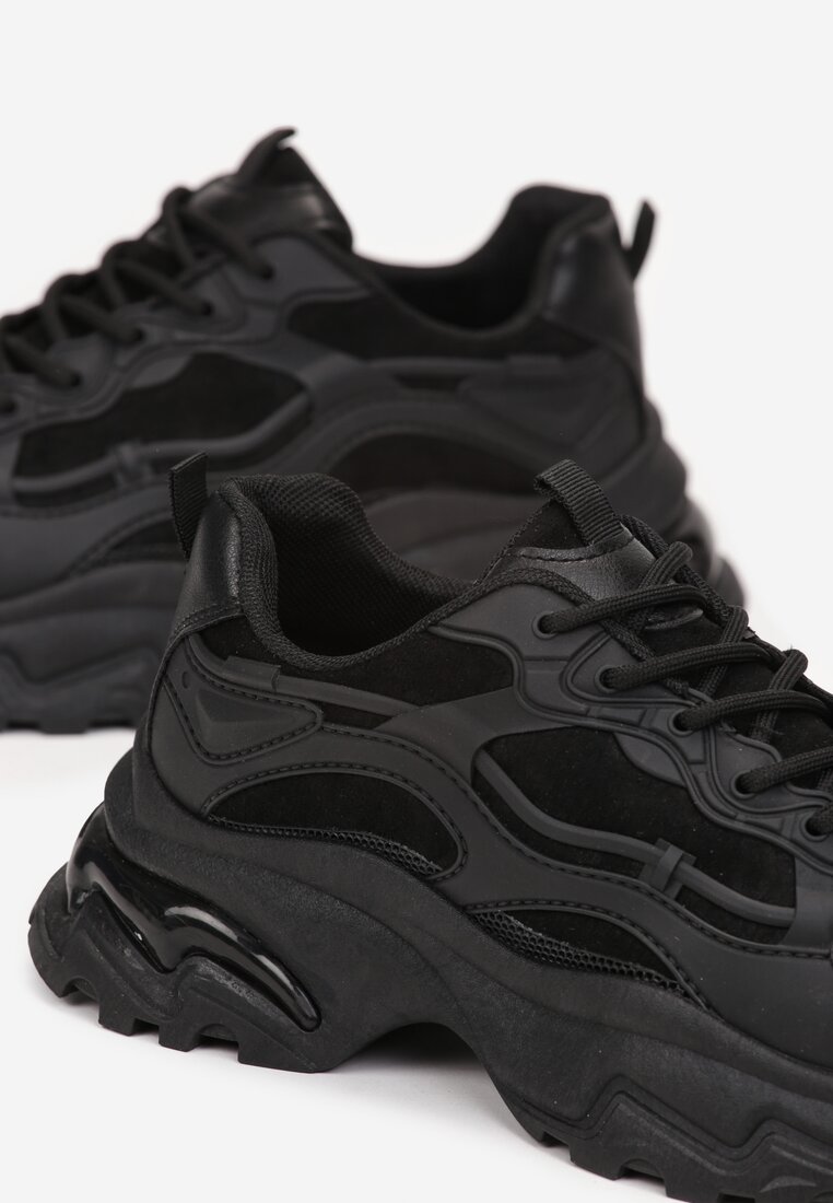 Czarne Płaskie Sznurowane Sneakersy na Grubej Podeszwie Derry