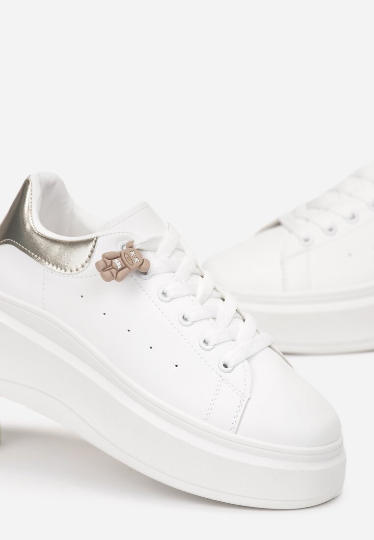 Biało-Złote Sznurowane Sneakersy na Platformie z Aplikacją przy Sznurówkach Khirlie