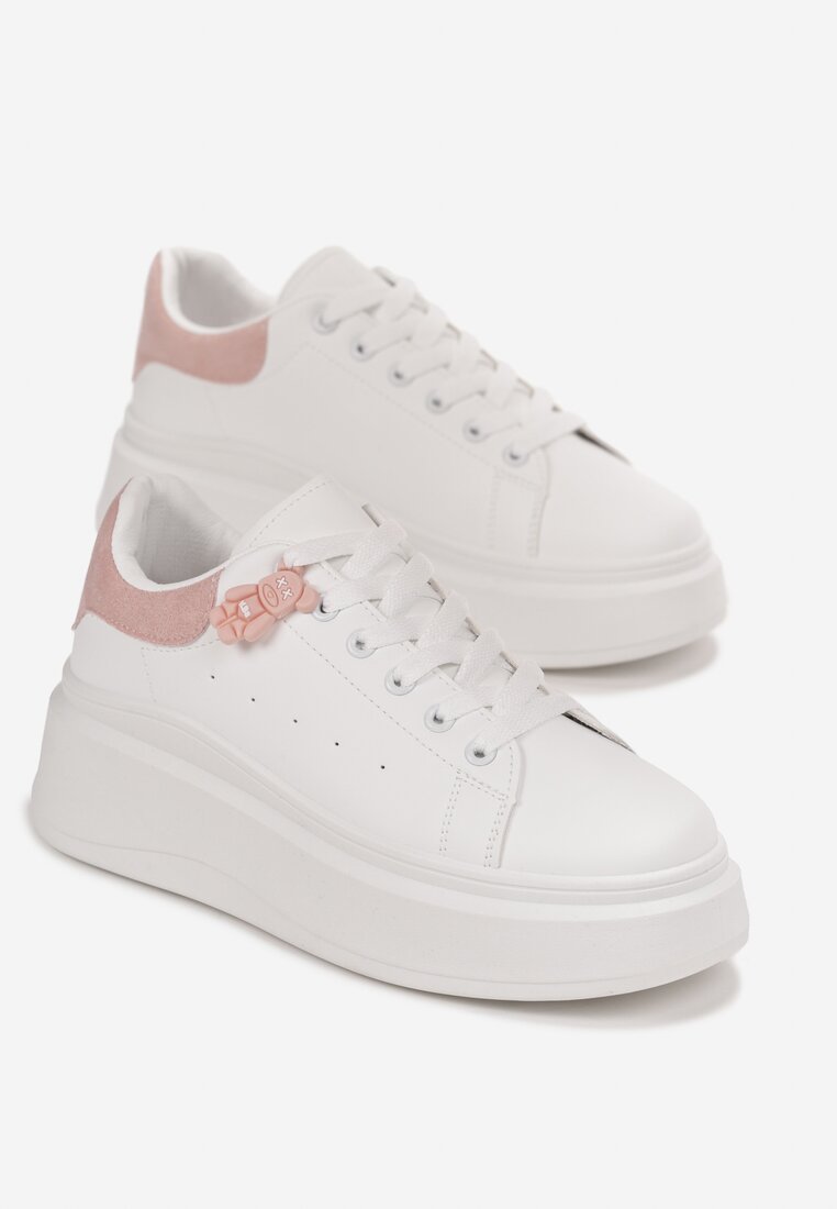 Biało-Różowe Sznurowane Sneakersy na Platformie z Aplikacją przy Sznurówkach Khirlie