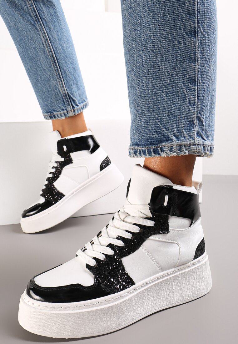 Biało-Czarne Sznurowane Sneakersy za Kostkę z Brokatem i Metalicznymi Wstawkami Sareena