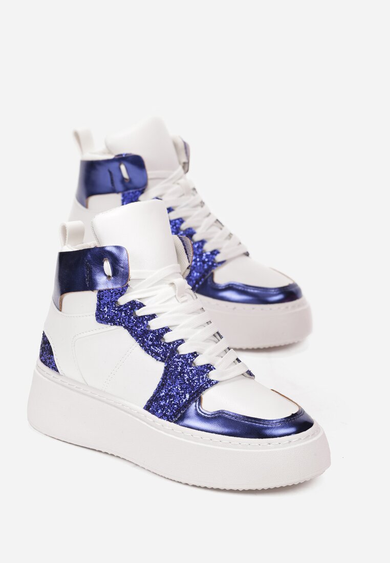 Biało-Granatowe Sznurowane Sneakersy za Kostkę z Brokatem i Metalicznymi Wstawkami Sareena
