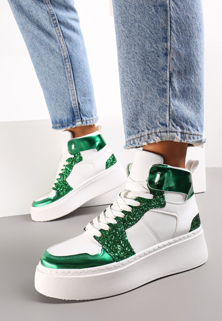 Biało-Zielone Sznurowane Sneakersy za Kostkę z Brokatem i Metalicznymi Wstawkami Sareena