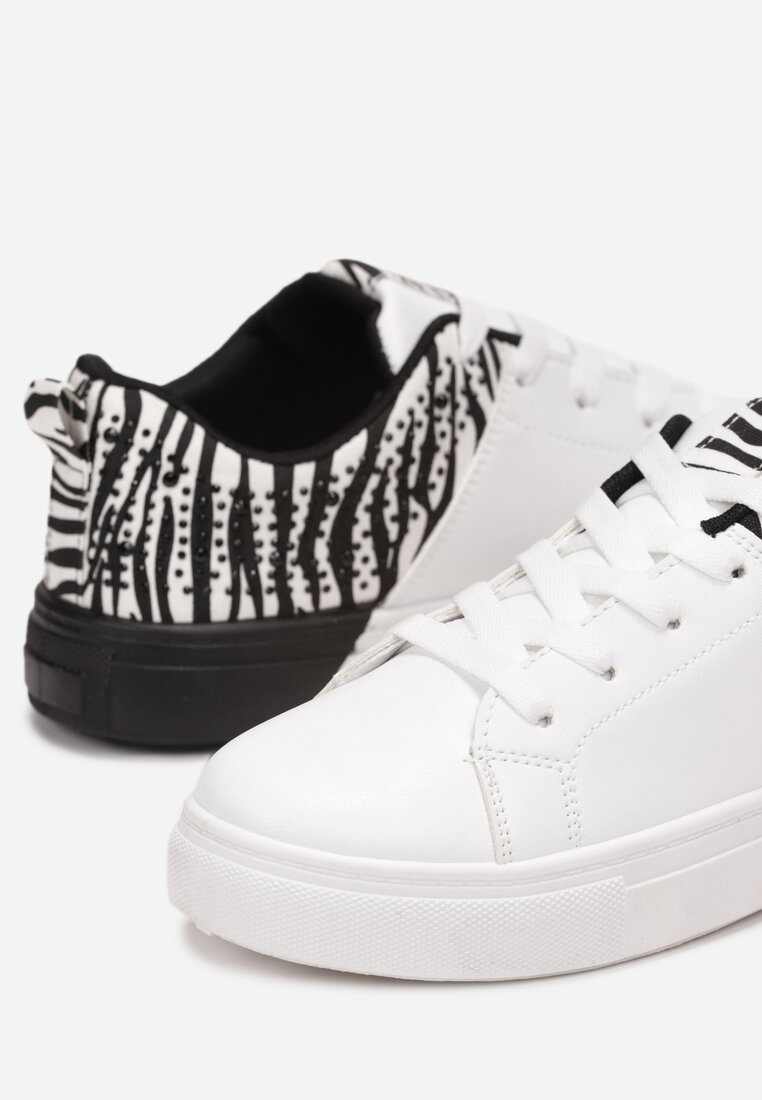 Czarno-Białe Sneakersy Sznurowane na Płaskiej Grubszej Podeszwie z Cyrkoniami Hanuel