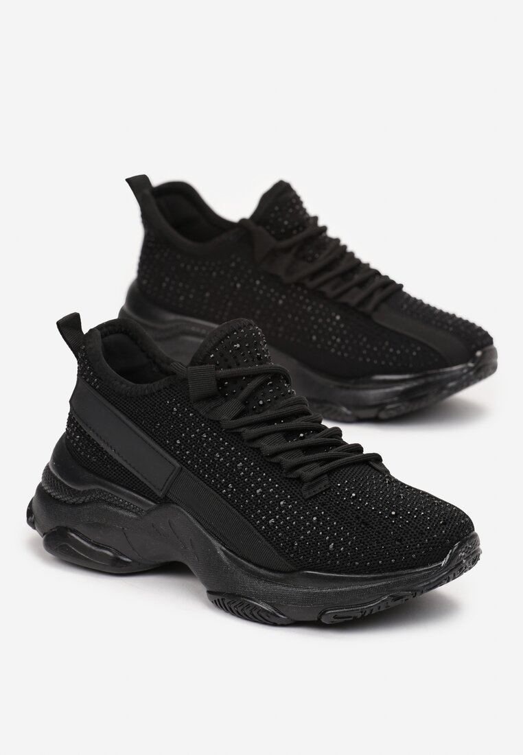 Czarne Sznurowane Sneakersy z Ozdobnymi Cyrkoniami na Płaskiej Grubej Podeszwie Imria