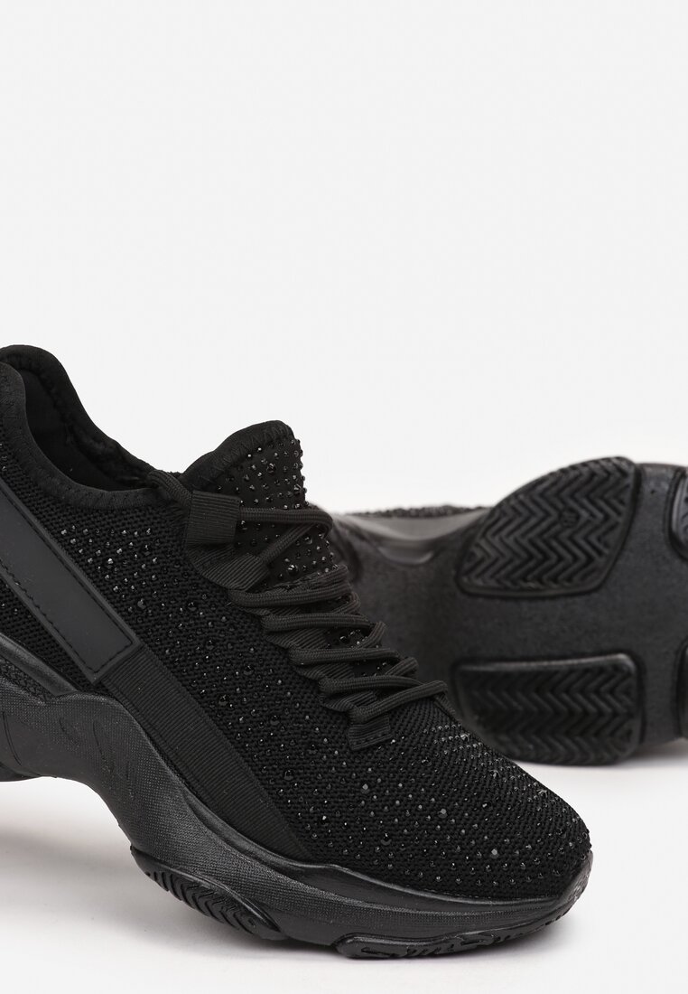 Czarne Sznurowane Sneakersy z Ozdobnymi Cyrkoniami na Płaskiej Grubej Podeszwie Imria