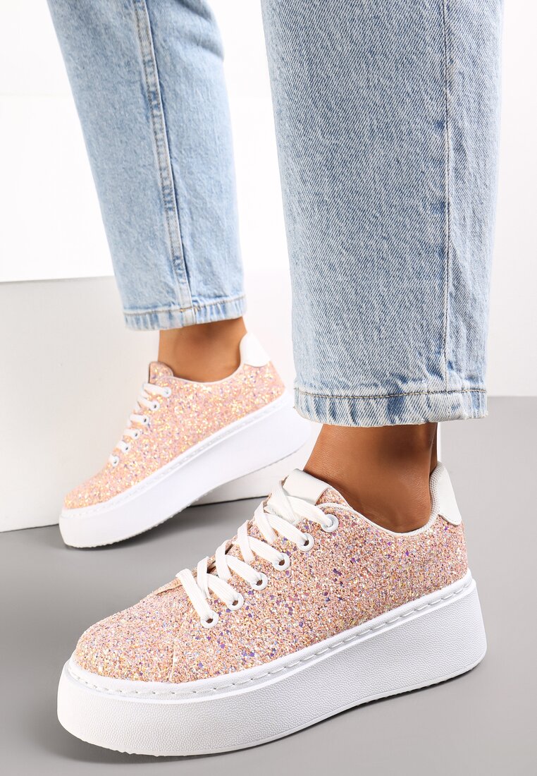 Różowe Sneakersy w Brokacie na Platformie Dawtina